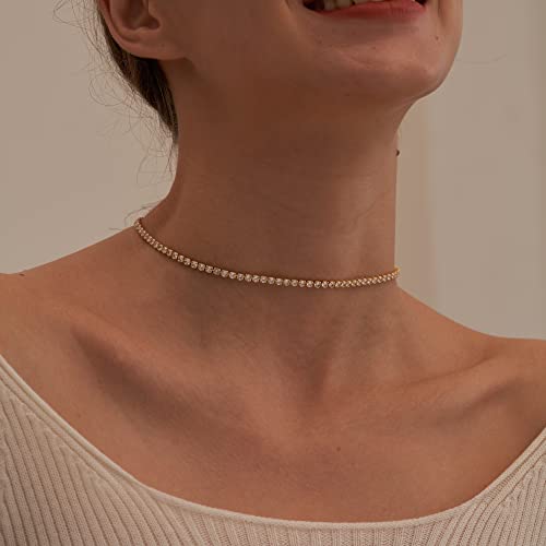 Tewiky Tennis Necklace 14K Gold Plated/Silver Sparking Rhinestone Choker Necklaces Dainty Crystal Cubic Zirconia Bridal Wedding Jewelry for Women4