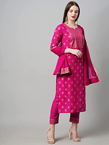 Image of GoSriKi Women's Cotton Blend Printed Straight Kurta with Pant & Dupatta