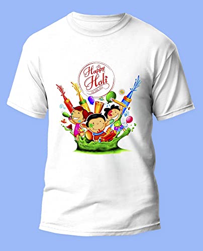 Image of Knitted Polycotton Fabric Regular Fit Men Boys Half Sleeve T-Shirt for Festival of Holi Style 18 White Size : Free