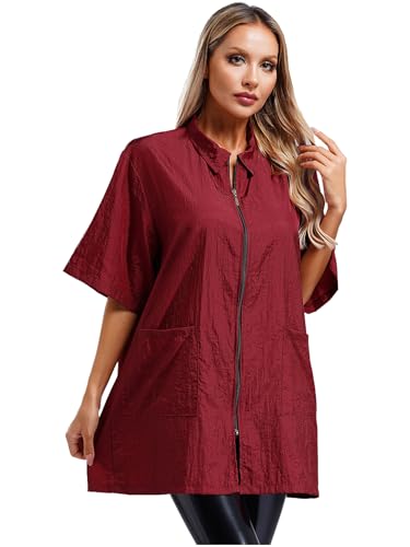 YiZYiF Damen Kittel Berufskleidung Friseur Hundefriseur Schürze Kurzarm Mit Tasche Für Barbier SPA Salon Haustierklinik Burgundy XL