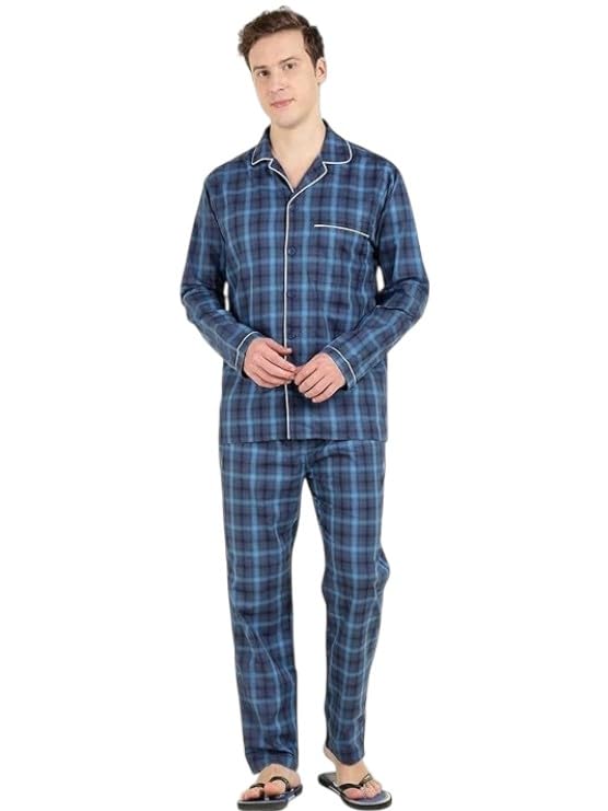 hancock Men Navy Blue Checked Pure Cotton Relaxed Fit Night Suit-picture-34