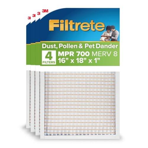 Filtrete 16x18x1 AC Furnace Air Filter MERV 8 MPR 700 Tough on Pollen Easy on Airflow 3-Month Pleated 1-Inch Electrostatic Air Cleaning Filter 4-Pack (Actual Size 15.687 x 17.687 x 0.81 in)