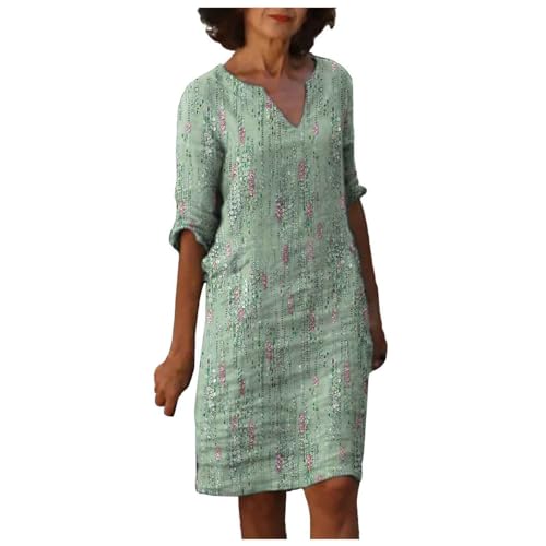 Image of Ladies Summer Midi Dresses with Sleeves Linen Casual Holiday Shfit Dresses for Women UK V Neck A-line Dress Sundress Solid Elegant Dress Green XL