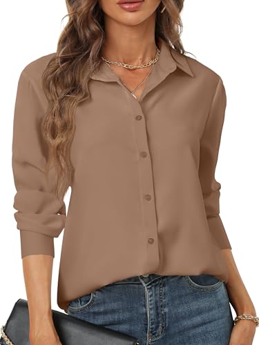 Brown Blouses for Women v Neck Button Down Shirt Classy Basics Classic Flowy Shirts Light Weight Non Tuck Woman's Comfy Job Blouse tie Front Date Night Club Solid Color Pastel Khaki Brown Size XL