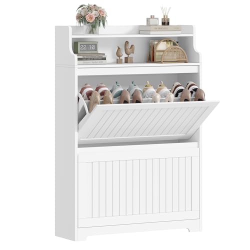 Hzuaneri Mueble Zapatero, Estrecho Zapatero Entrada Recibidor, 2 Puertas Oscilobatientes y Estantes Ajustables para 16 Pares Armario, 24 x 80 x 117,5 cm, Blanco SR66103X