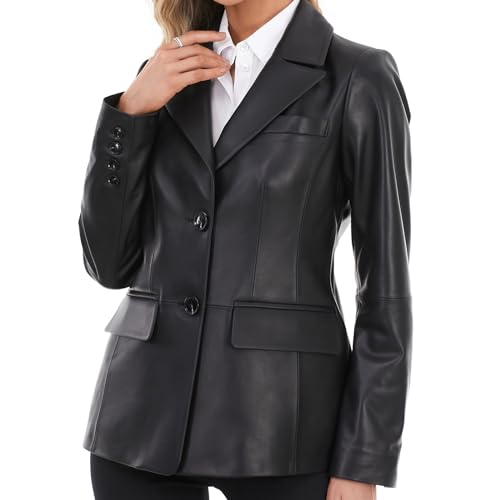 Lambskin Leather Jacket Women,Long Sleeve Button Front Leather Blazer,Notched Lapel Casual Style,Vent Detail