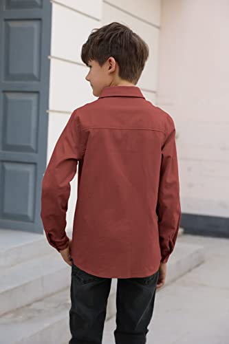 Boys' Long Sleeve Dress Shirts Classic Collared Button-Down Tshirt Solid Cotton Top With Chest Pocket Burgundy #TOP1