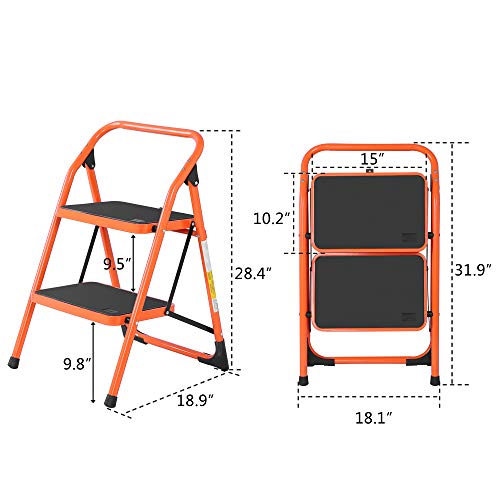 LUISLADDERS Step Ladder 2 Step Stool Fold Sturdy Steel Ladder 330lbs EN131 Portable Anti-Slip and Wide Pedal Ladder Multi-Use for Home,Garden and Office