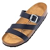  Palado Damen Keil-Pantoletten Chios - Outdoor Hausschuhe mit verstellbarem Riemen - Sandalen mit Sohle aus feinstem Veloursleder - Schuhe mit Natur Kork-Fußbett Basic Blau Matt 40 EU