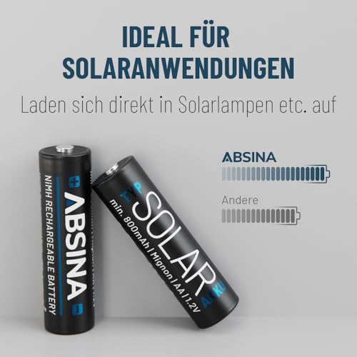 ABSINA 4X Solar Akku AA wiederaufladbar 800mAh 1.2V NiMH - Aufladbare Batterien AA für Solarleuchte - Solarbatterie, AA Akku für Solarlampen, Akkus AA, Wiederaufladbare Batterien AA 5