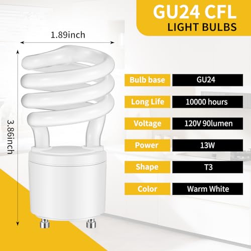 Image of 2 Pcs 13W 120v 60Hz GU24 CFL LED Light Bulbs 2 Prong Base T3 3500K 900lm Warm White Fluorescent Light Spiral Compact Fluorescent Bulbs