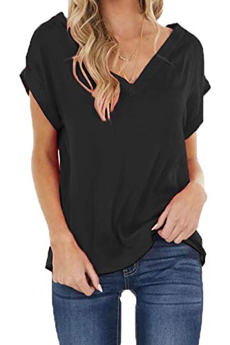 WOOSEA Women's Short Sleeve V-Neck Shirts Loose Casual Tee T-Shirt Black