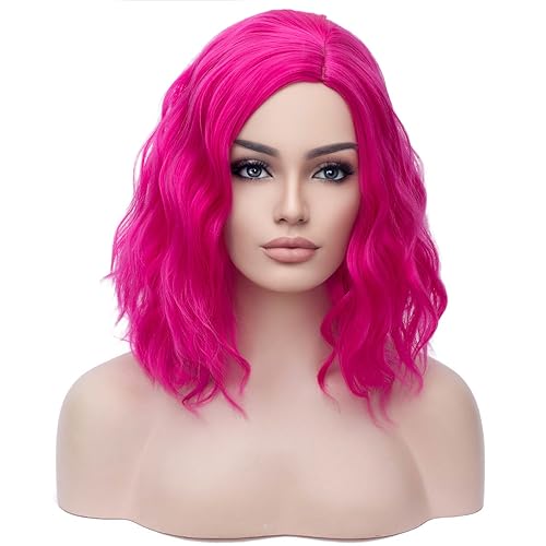 Image of BERON Pink 14 inch Wigs for Women Girls Short Curly Bob Wavy Wig Hot Pink Color Body Wave Halloween Cosplay Daily Party Wigs