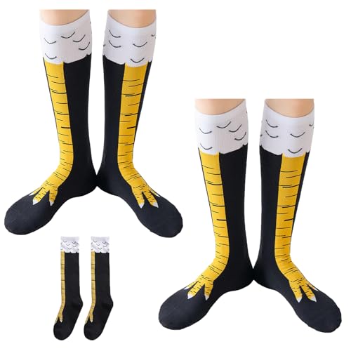 2 Paare Chicken Leg Socks Hühner Socken Huhn Kostüm Erwachsene Hühnerbein Kniehohe Hahn FeetStrümpfe Hühnchen Wadensocken Lustige Fun Hühnerbeine Faschingskostüm für Damen Herren Kinder Hühnersocken