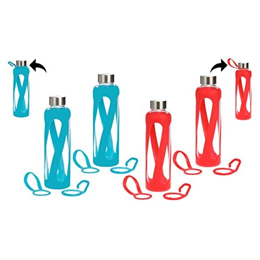 4-PACK BBRR- Leak Proof, Reusable 20 oz Large Pure Borosilicate Pyrex Tempered Glass Water Bottle, Non-Slip Silicone Sleeve, 2 Attachments: Loop and Hook, Free of BPA, BPS, BPF, PVC, Phthalates