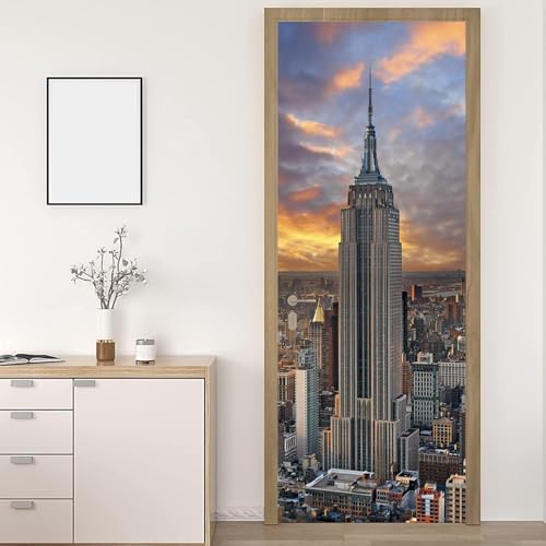 Stickers Porte la Ville de New York Poster Porte Trompe L'oeil, Effect 3D New York Autocollant, Auto-Adhésif Papier Peint Mural Chambre Salon Mur Décoration...