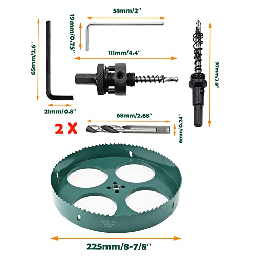 Image of 8-7 /8 Inch / 225mm Hole Saw with Arbor, 8.875 Inch Hole Saw HSS Bi-Metal Hole Cutter Smoothly Cutting in Cornhole Boards, Plastic, Wood, Fiberboard, Drywall