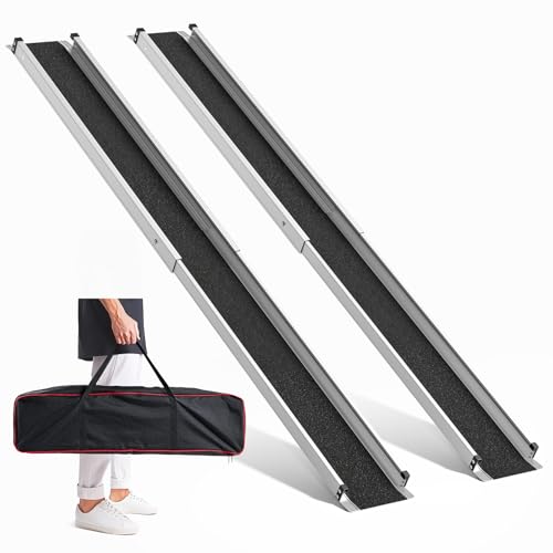6FT Extra-Long Telescopic Wheelchair Ramp 600LBS Weight Capacity Aluminum Mobility Ramp with Carrying Case, Slip-Resistant Surface for Stairs/Power Chairs, Durable Portable Access Solution, 2 Pack