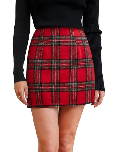 CUPSHE Damen Rock High Waist Karomuster Kurze Röcke Minirock Freizeitrock Elegant Mini Short Skirt Rot Grün M