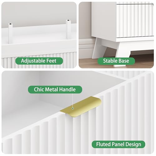 Image of Xixini Fluted Dresser for Bedroom with 9 Drawers, 57 inch Wide Modern Chest of Drawers with Metal Handle, Wooden Dresser TV Stand, Wood Closet Clothes Storage Organizer for Living Room, Hallway, White