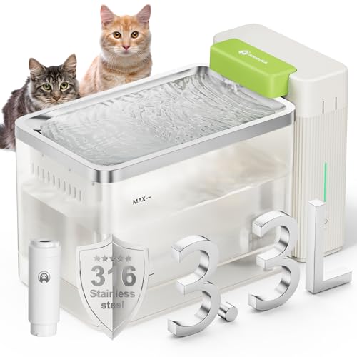 Amicura A3lite Fuente para Gatos Ultrafiltrada, 3.3L Capacidad, Plato en Acero Inoxidable 316, Filtración Tripla, Ultra Silenciosa (