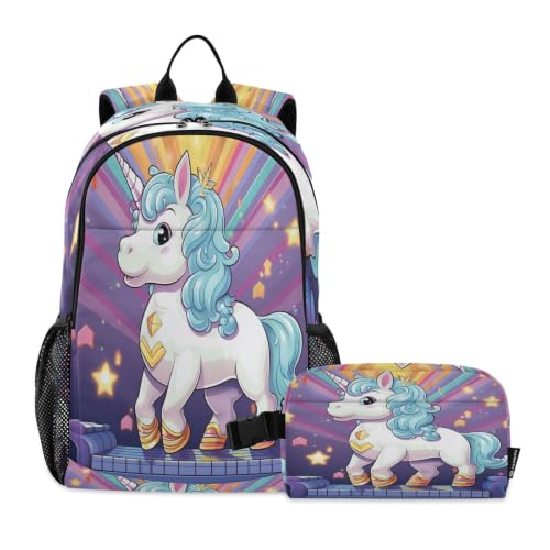 Sac d'école léger durable licorne arc-en-ciel avec kit repas imperméable