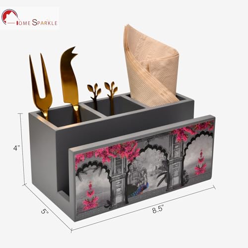Image of Home Sparkle Engineered Wood Cutlery Holder with Napkin Rack - Multipurpose Spoon Stand & Kitchen Organizer Rack for Dining Table, Restaurant & Countertop - Brown Finish (B13V31)
