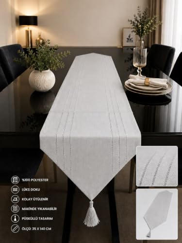Runner leke tutmaz dertsiz kumaş dekoratif çeyiz gri 35x140 | 100% Polyester — Kolay Ütülenir, Makine Yıkanabilir, Lüks Doku, Dekoratif Çeyiz