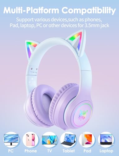 Image of Cat Ear Bluetooth Headphones for Kids & Adults, 55H Play Time, Wireless Foldable & Wired Multi-Function LED Light Up Over Ear Headphones with Mic and Volume Control for iPhone /iPad /Laptop /PC
