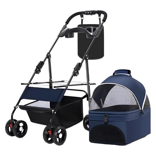 RUYICZB Foldable Pet Stroller,Dog Cat Stroller with Detachable Portable Pet Bag,Small Dog Stroller with Storage Basket and Cup Holder,Navy -  NAVY-66221714