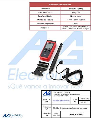 UNI-T UT333S Digital Metro Temperatura y Humedad con Bluetooth, -10° C-60° C/14°F-140°F, 0% RH-100% RH