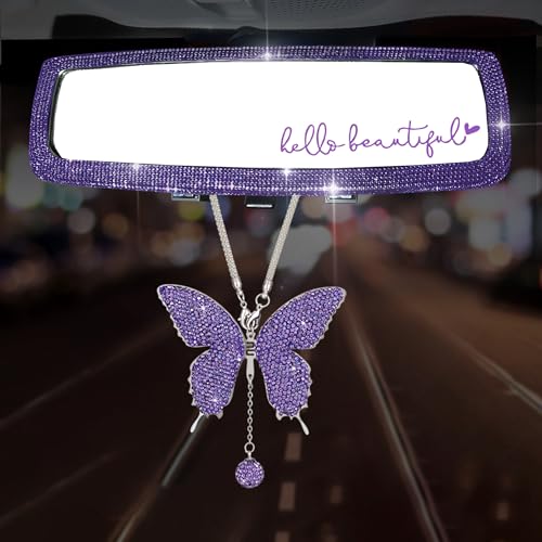 Forala 3 Packs Bling Car Rear View Mirror with Crystal Butterfly Accessories for Women - Universal Clip-on Wide Angle Mirror (Purple)