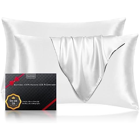 BeeVines Silk Pillowcase, 2 Pack 100% Mulberry Silk Pillow Case for Hair & Skin, Pure Natural Satin Pillow Cases with Hidden Zipper, Cooling Pillowcases for Queen Size (One Side Silk, Pearl White) Cover