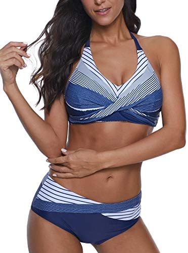 Womens Polka Dot Print Bikini Set Halter Neck Swimwear Twist Front 2 Piece Swimsuit