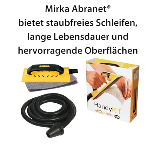 Mirka Handy Handschleifer Starter-Kit I Schleifklotz-Set mit Absaugung inkl 4m Absaugschlauch und 5 St. Mirka Abranet Netz-Schleifstreifen Klett Korn P80 P120 P180 I Staubfreies Schleifen I KIT01HANDY