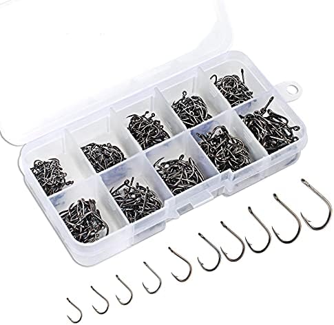 VIPMOON 500 Pcs Premium Fishing Hooks, 10 Sizes(3#-12#) High-Carbon Steel Fish Hooks W/Portable Plastic Box, Strong Sharp Small Fish Hooks with Barbs for Freshwater/Seawater, Black