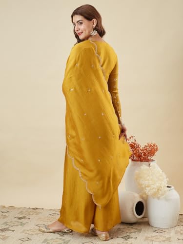 Image of MOKOSH Women's Silk Embroidery Kurta Sharara with Dupatta | Kurta Set | V Neck Full Sleeve Ethnic Suit | Indian Kurta Outfit with Sharara |3 Piece Outfit