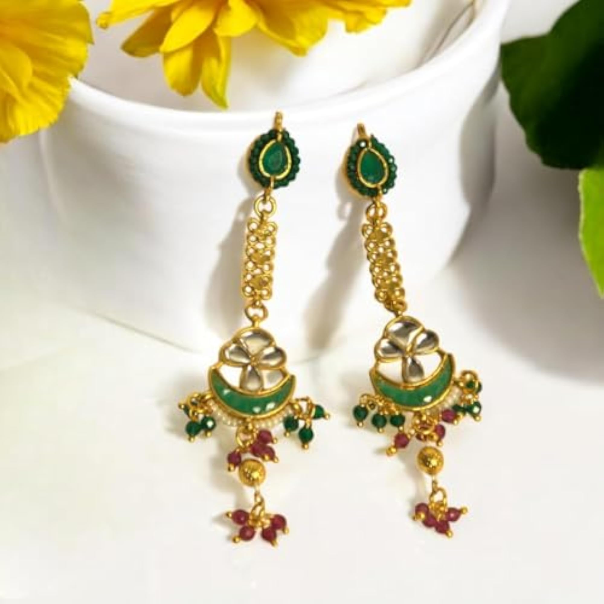 Kundan & Emerald Green Stones Studded Chandbali Dangle Earrings