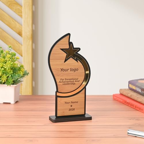 Image of GKD Customizable Wooden Star Award Trophy - Premium Achievement & Leadership Memento - Personalized with Logo & Name - Corporate, Office, Employee Recognition Gift (Small)