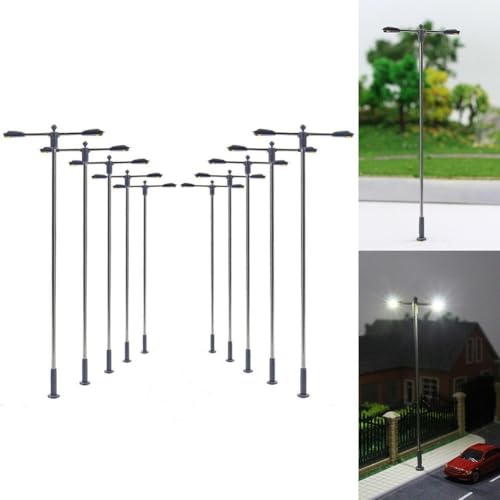 10Pcs Model Railway Led Lamppost Lamps, Adjustable Height LED Double Whip Lamps For H0 00 Street Light, Lamppost Lamps For Rail & Building Layout, Miniatures Sand Table Accessories