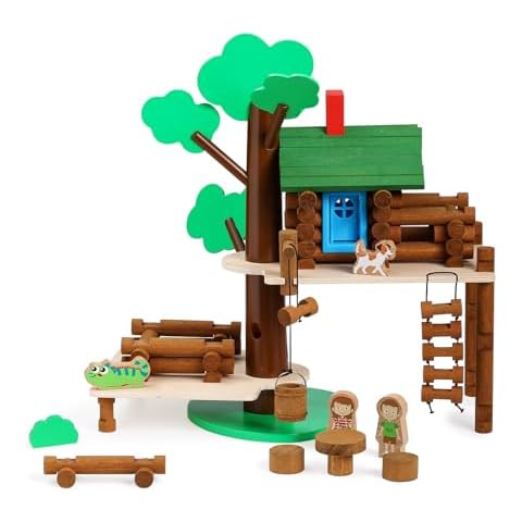 SainSmart Jr. 2-Tier Wooden Tree House Building Set – Educational Gift for Kids, Creative STEM Toy with Cabins and Interchangeable Leaves, STEM Retro Classic Toy Compatible with Lincoln Logs Cover