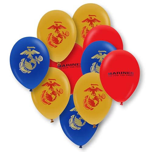 Image of U.S. Marines Party Balloons (10pcs) 12 inch Latex Balloons in Red, Gold, and Blue with contrasting print on 2 sides. Officially Licensed by the U.S.Marines - Made in Italy - by Havercamp.