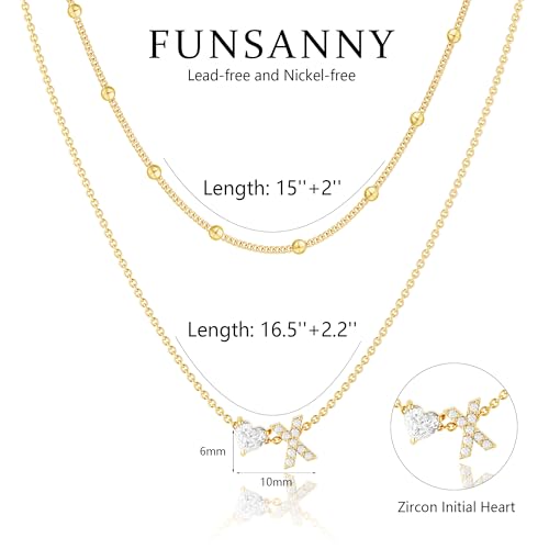 Initial Heart Necklaces for Women - Dainty Cute Necklace Small Layered 14K Gold Plated A-Z Letter CZ Pendant Trendy Satellite Chain Necklaces for Women Non Tarnish Gold Jewelry Set Gift