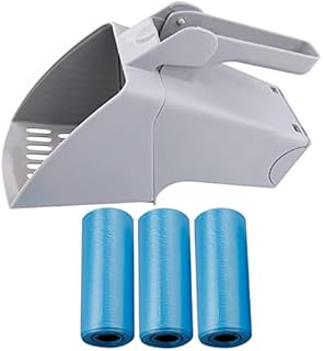 Yafe 1 Pcs Grey Cat Litter Scoop with Bags, ABS Plastic Pet Cleanning Tool Scoop Cat Litter Scooper with Stand Durable Cute Cat Spoons with 3pcs Bags for Pet Cleaning cClumping Cats Litter Food Spoons