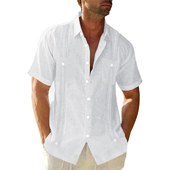 Camisas de Guayabera de Manga Corta para Hombre, Camisas cubanas Informales mexicanas con Botones, Camisetas de Lino para Boda en la Playa de Verano (Blanco,5XL)