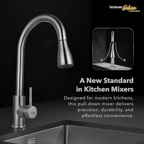 Image of Hindware Italian Collection Pull Down Kitchen Sink Faucet | Kitchen Sink Mixer | Deck Mount Installation | Made of SS | Dual Mode - Spray & Stream | Min. 3-Bar Water Pressure Required