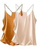 Picture of Ekouaer Womens Satin Cami Tops 2 Pack V Neck Silk Camisole Tank Top Spaghetti Strap Racerback Camis Blouse Shirt,Champagne/Khaki,X-Large