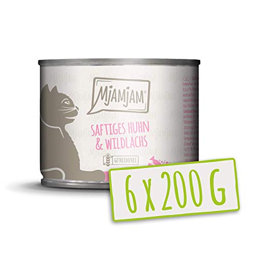 MjAMjAM - Pienso acuoso para Gatos - Jugoso Pollo y salmón Salvaje - Sin Cereales - 6 x 200 g