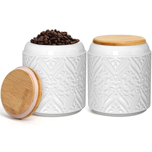 Lawei Set Of 2 Ceramic Food Storage Jars, 34 Ounce Embossed Canisters Storage Jars With Airtight Seal Bamboo Lid For Serving Coffee, Tea, Sugar, Nuts, Snacks, Spice, Kitchen Utensil Holder #TOP15