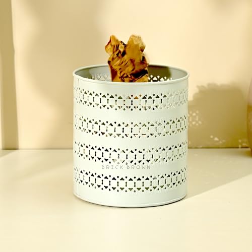 Image of Brick Brown Ivory Mint Waste Basket in Metal | Trash Bin | Dustbin | Open Top Garbage Can for Bedroom, Living Room, Office, Study Room (8 x 8 x 8.5 Inch) Medium, White